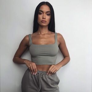 New! MESHKI Square Neck Crop Top in Sage